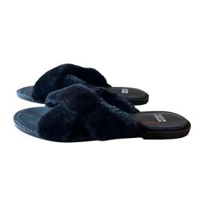 Eileen Fisher Slipper Slides Women's Size 9 Black Real Lamb Fur Sheared Upper